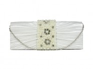 Evening Bag - Satin w/ Pleated & Beaded Flap - White - BG-100274W